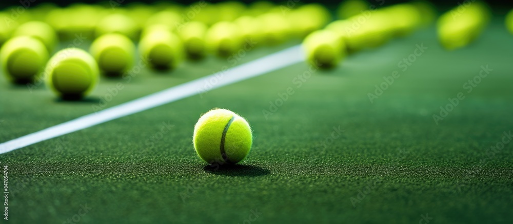 Sticker Green tennis balls on the floor at tennis court. Creative banner. Copyspace image