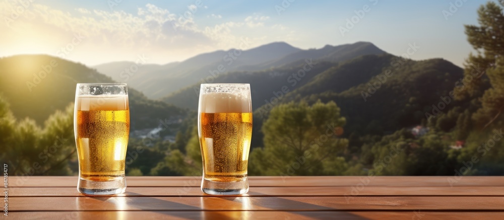 Poster glass of beer with nature background. creative banner. copyspace image
