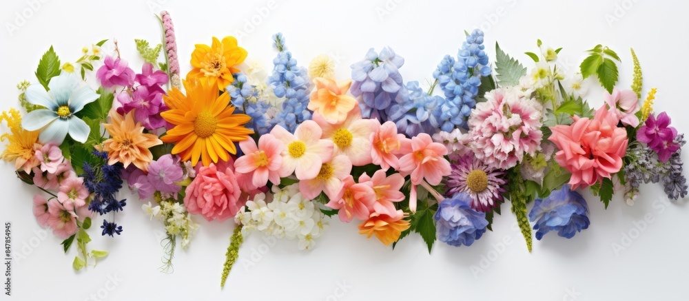 Poster top view of head shot flowers full depth of field on the photo big collection set of various colorfu
