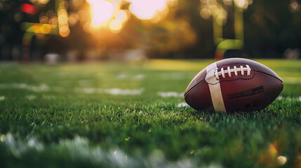 American football on a football field at sunset