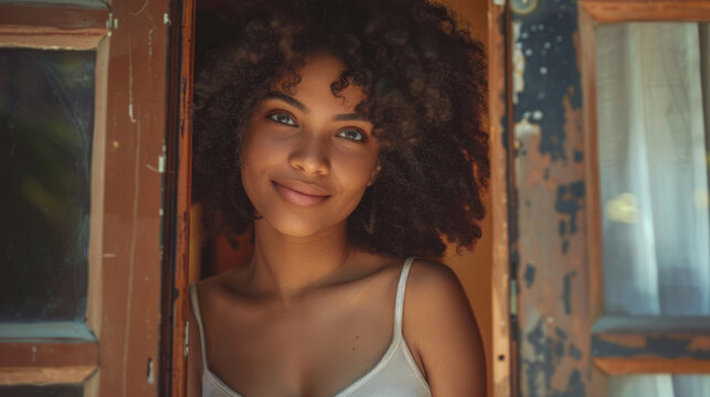 Smiling woman opening a rustic door enjoying a fresh breeze