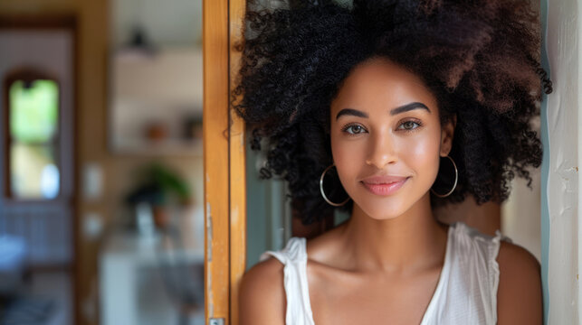 Smiling woman with curly hair standing by door at home