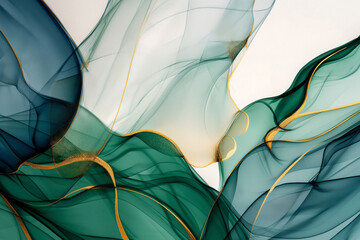 Obraz premium Abstract dark green and blue alcohol ink elegant curves, golden lines wallpaper
