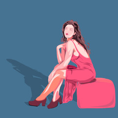 a beautiful woman is sitting on a sofa with a dark blue background