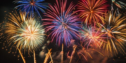 Color Symphony: Fireworks reflected in the Canadian night sky, bustling city, city night scene, night, fantasy, New Year, National Day, Christmas, holidays, festive atmosphere, high-definition wallpap