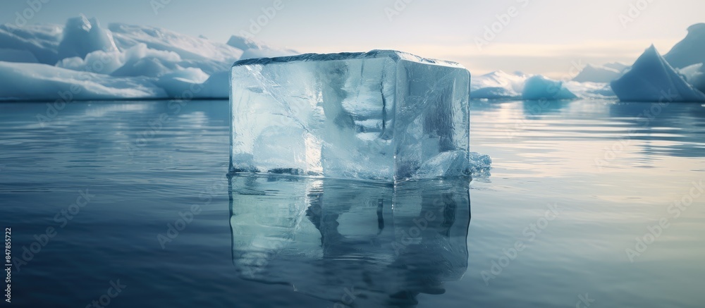 Poster Ice Block in Water in focus with small waves around it. Creative banner. Copyspace image