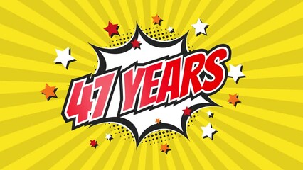 47th forty-seventh anniversary - 47 forty-seven years birthday. Animated text on pop colorful background with rotating rays.