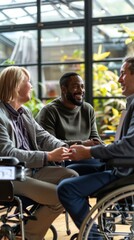Three friends in wheelchairs chat and laugh while sitting in a modern office