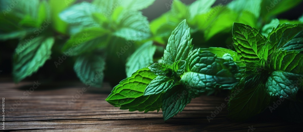 Poster mint on a dark wood background toning selective focus to the middle leaves of mint. creative banner.