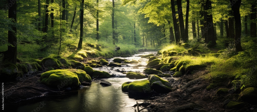 Poster afternoon light in forests and streams. creative banner. copyspace image