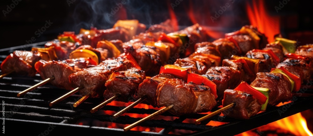 Aufkleber cooking meat skewers on skewers on the grill. creative banner. copyspace image