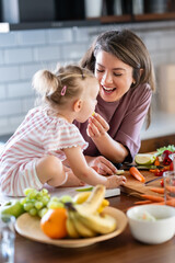 Cheerful mother and her cute little baby are eating healthy fruit and vegetables in the home kitchen