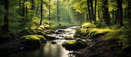 Afternoon light in forests and streams. Creative banner. Copyspace image