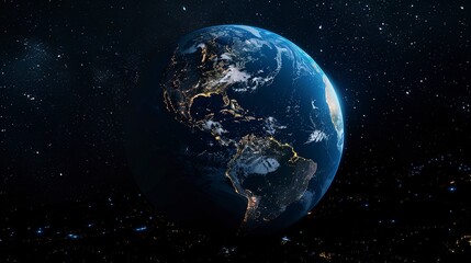 Fototapeta premium Spectacular high-resolution background banner of planet Earth from space, illuminated with glowing surface lights, surrounded by a night sky full of stars. Blue color theme, high-quality, high-detail,