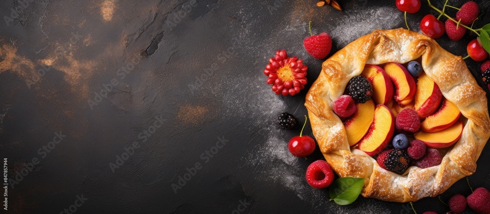Poster Rustic sweet open pie galette with peach and berry. Creative banner. Copyspace image