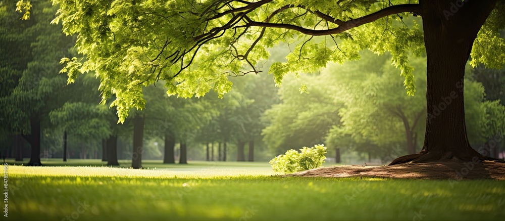 Aufkleber green bokeh background from nature under tree shade. creative banner. copyspace image