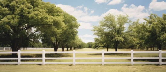 Fototapeta premium White fence with farm landscape trees as background copy space