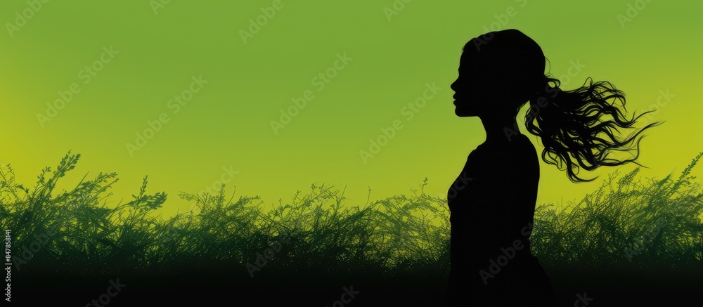 Poster shadow of a girl on a green grass. creative banner. copyspace image