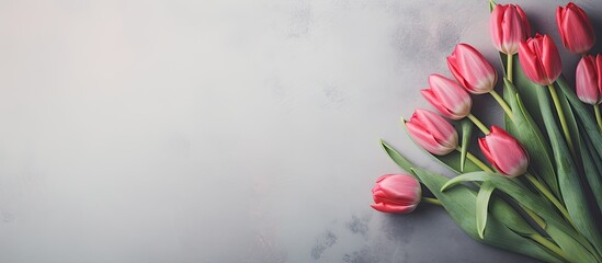 Tulips on gray background Red tulips Pink tulips. Creative banner. Copyspace image