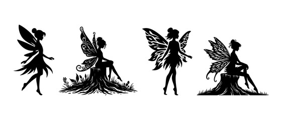 Beautiful fairy side view silhouette black filled vector Illustration icon