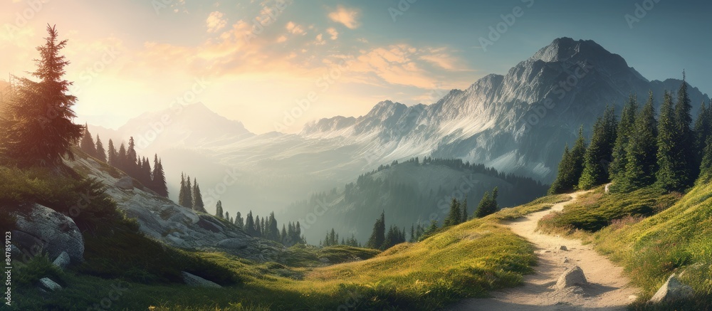 Poster a path on the mountain with strong sun light. creative banner. copyspace image