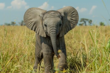 Fototapeta premium Baby Elephant: A small, chubby baby elephant with large ears and a short trunk, standing on a grassy savanna under a clear blue sky.