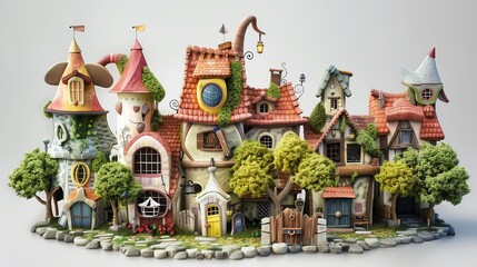 fairytale village flat design, side view, fantasy theme, 3D render, colored pastel