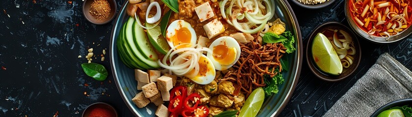 A colorful plate of Indonesian GadoGado with blanched vegetables, tofu, tempeh, boiled eggs, and a rich peanut sauce, garnished with crispy shallots and lime wedges