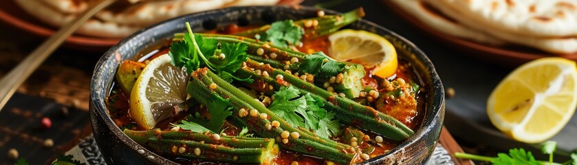 A detailed shot of a bowl of Bhindi Masala