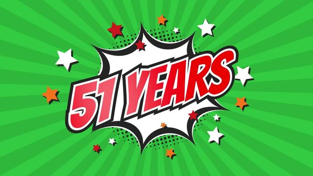 51st fifty-first anniversary - 51 fifty-one years birthday. Animated text on pop colorful background with rotating rays.