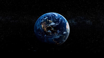 Obraz premium Spectacular high-resolution background banner of planet Earth from space, illuminated with glowing surface lights, surrounded by a night sky full of stars. Blue color theme, high-quality, high-detail,