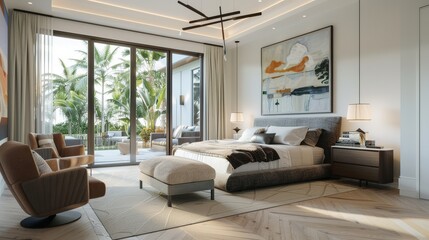 Modern bedroom with large fireplace featuring white and beige textured wall panels, abstract painting patterned rug under chair, and glass door leading to balcony in contemporary style interior design