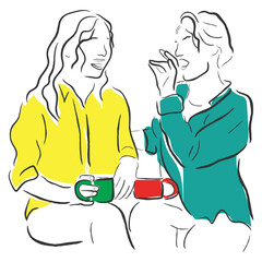 hand drawn line art vector of women enjoying coffee together. Coffee girls date. Friendship concept.