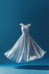 Obraz premium Elegant white sleeveless dress suspended mid-air, isolated on a blue background, showcasing its flowy and timeless design.