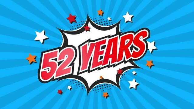 52nd fifty-second anniversary - 52 fifty-two years birthday. Animated text on pop colorful background with rotating rays.