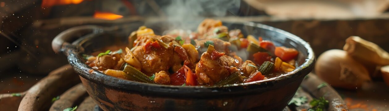 A picturesque serving of Angolan moamba de galinha with chicken, palm oil sauce, and okra, served in a traditional bowl, steam rising, rustic kitchen background, natural daylight