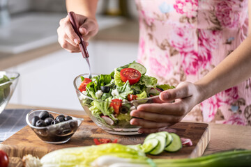 Female hands mixing a healthy spring salad made from various ingredients. Concept of healthy lifestyle