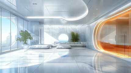 Modern apartment, circular wall openings, luxurious open space, project design wireframe, 3D illustration, high-tech aesthetics. Generative AI.