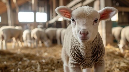 Obraz premium Curious Lamb Gazing in Cattle Barn with Flock of Sheep Feeding in Background