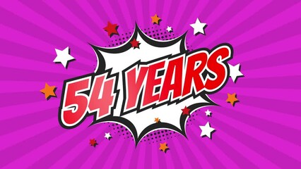 54th fifty-fourth anniversary - 54 fifty-four years birthday. Animated text on pop colorful background with rotating rays.