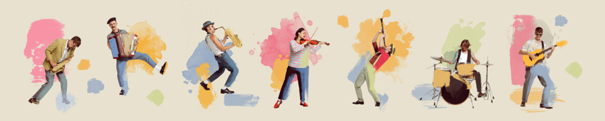 Contemporary art collage. Six musicians, each playing different instruments against colorful paint splashes. Pastel artwork. Concept of creativity, retro style, music lifestyle, design. Ad. Banner