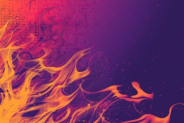 abstract vibrant yellow orange fire flame against purple background with dotted halftone texture
