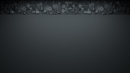 Dark industrial background with copy space. Black wallpaper with matte elements of auto parts. Technical design template with gears, pipes, tools. 3d render