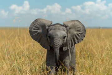 Fototapeta premium Baby Elephant: A small, chubby baby elephant with large ears and a short trunk, standing on a grassy savanna under a clear blue sky.