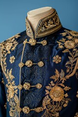 Intricate blue and gold embroidered jacket with ornate patterns, showcasing exquisite craftsmanship and decorative details against a blue background.