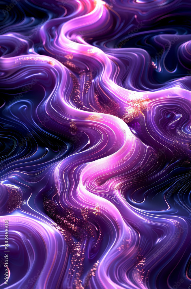 Poster abstract 3d organic pattern with neon purple and pink accents on a dark background, intricate and fl