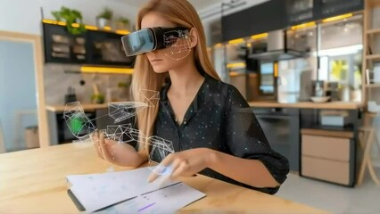 Woman Using Augmented Reality Headset for Design Work in Modern Kitchen - Powered by Adobe