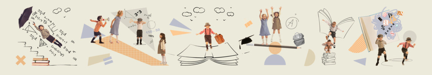 Contemporary art collage. Children engage with books, math problems, and school supplies against backdrop of colorful doodles and shapes. Concept of childhood, education, study. Retro style. Banner © Lustre Art Group 
