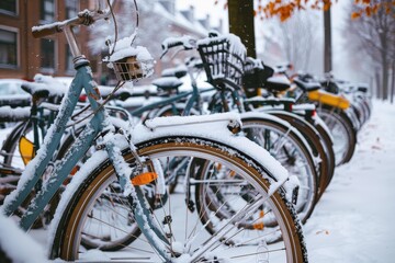 Close-up image of bicycles with detailed snowflakes on the metal parts and baskets, set against urban winter background