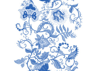 Fantasy flowers in retro, vintage, jacobean embroidery style. Seamless pattern, background. Vector illustration.